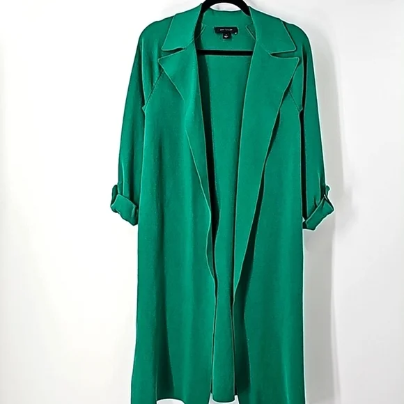 Ann Taylor Green Knee Length Duster Sweater w Rolled Sleeves+Side Slits - Picture 1 of 17